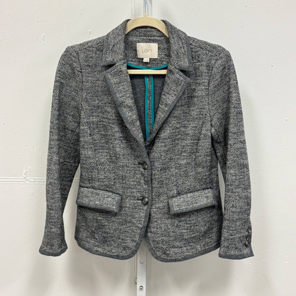 Ann Taylor Loft Gray Herringbone Knit Blazer Jacket Wool Blend Small Career